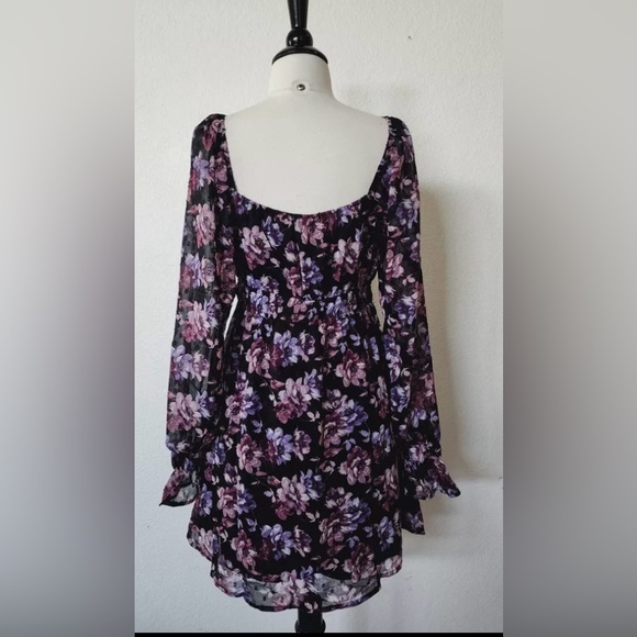 Anthropologie Floral Black and Purple Chiffon Boho Mini Dress Size Large. EUC. - Picture 2 of 6